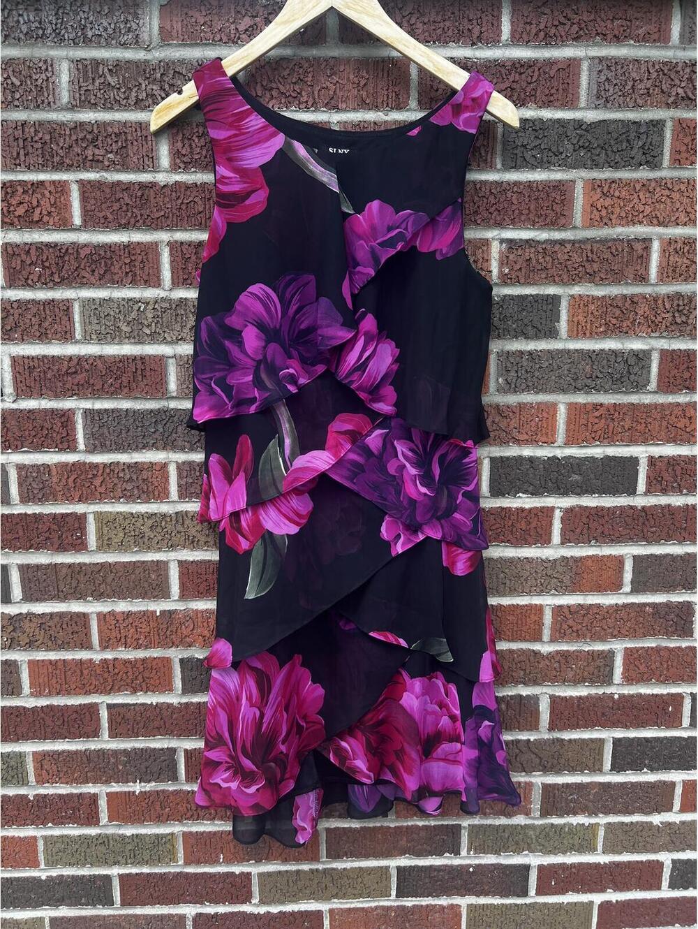 SLNY Black and Fuchsia Pink Flounce Floral Sleeveless Dress